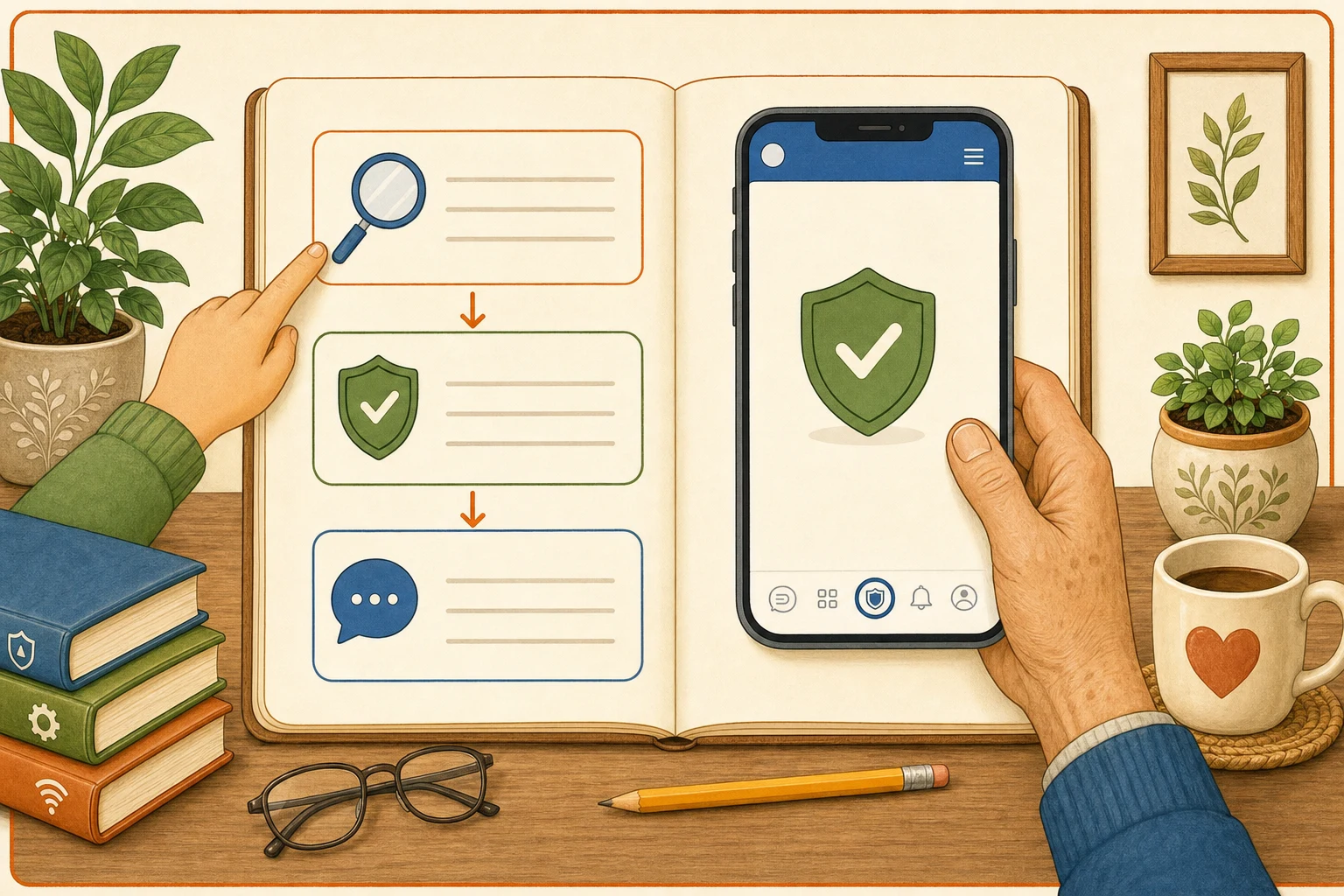 An open guide and a smartphone show simple steps for using technology safely