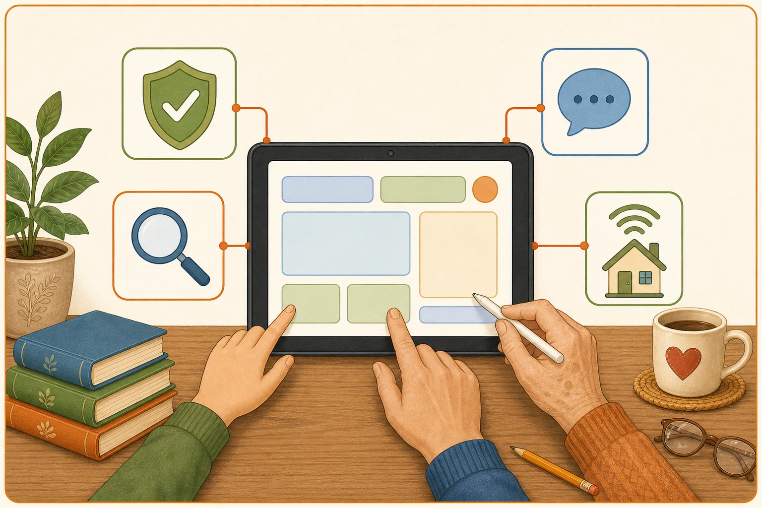 Three hands of different ages explore a tablet together, surrounded by symbols for safety, search, communication and the digital home