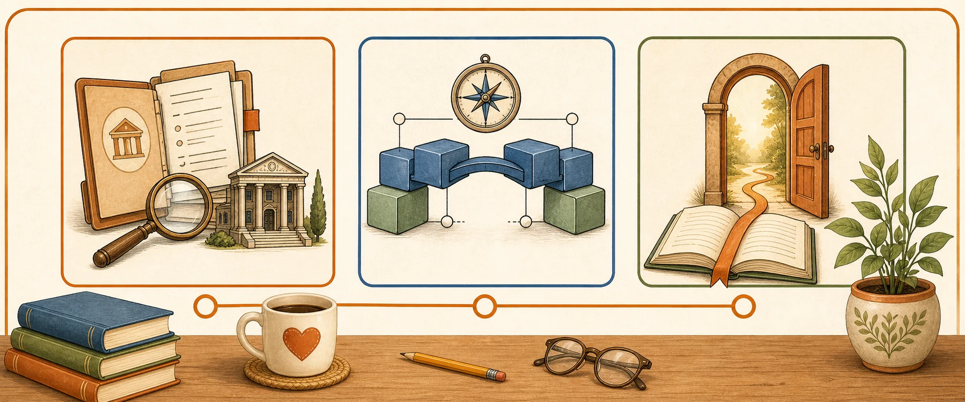 Three illustrated boards represent policy observation, framework building and a forthcoming book